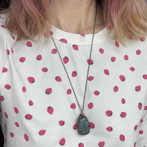 Blue Apatite Wire Wrapped Necklace Tumbled Gemstone Pendant Antiqued Brass - Picture 12 of 12